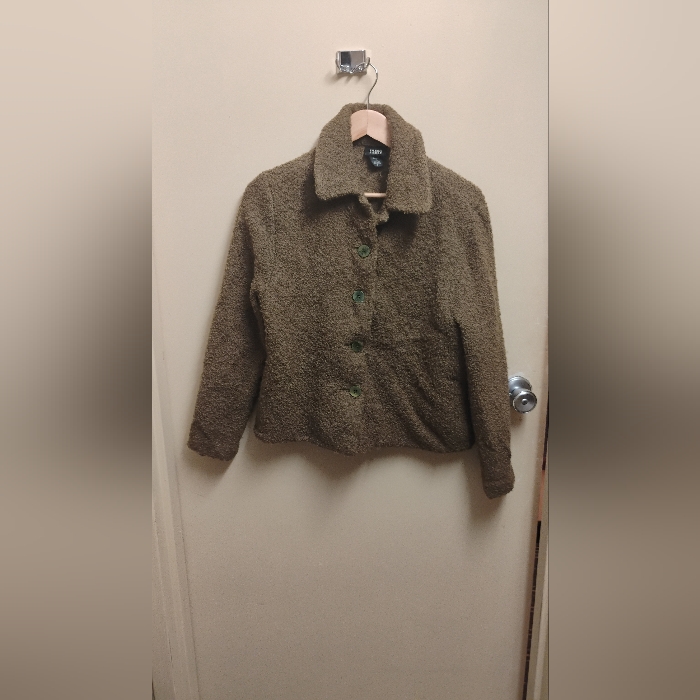 Eileen Fisher Womens Green Wool Blend Textured Buttoned Jacket